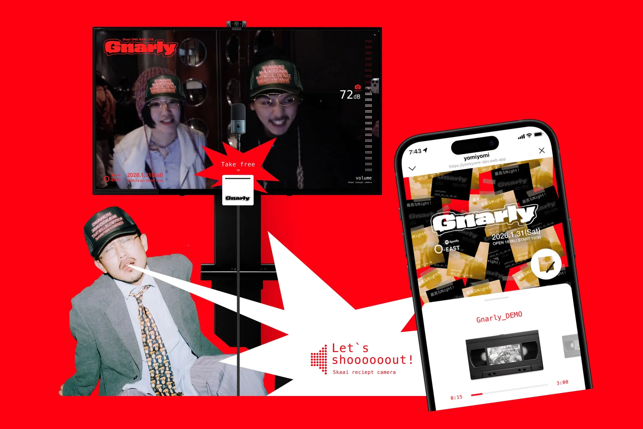 Gnarly のモニターとレシートの出る機械、スペシャルサイトを開いたスマホ